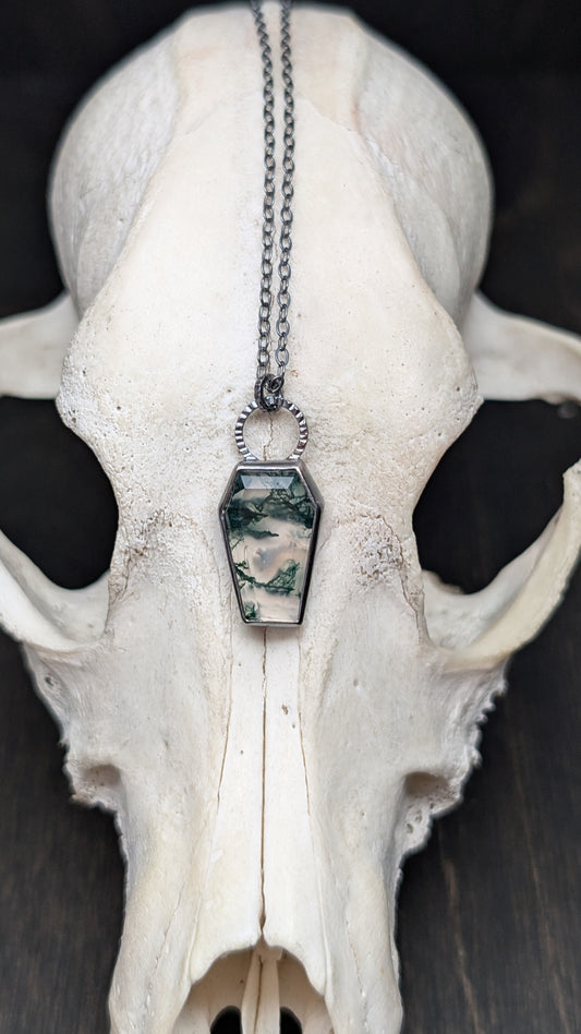 Moss Agate Coffin Textured Sterling Silver Necklace