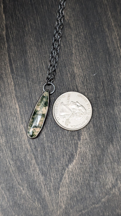 Moss Agate Long Teardrop Textured Sterling Silver Necklace