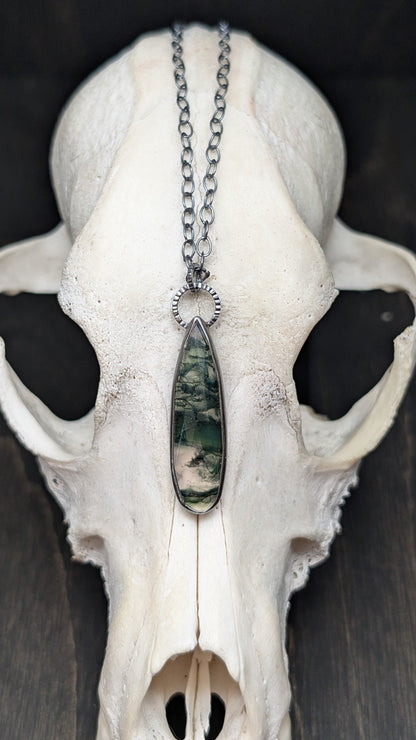 Moss Agate Long Teardrop Textured Sterling Silver Necklace