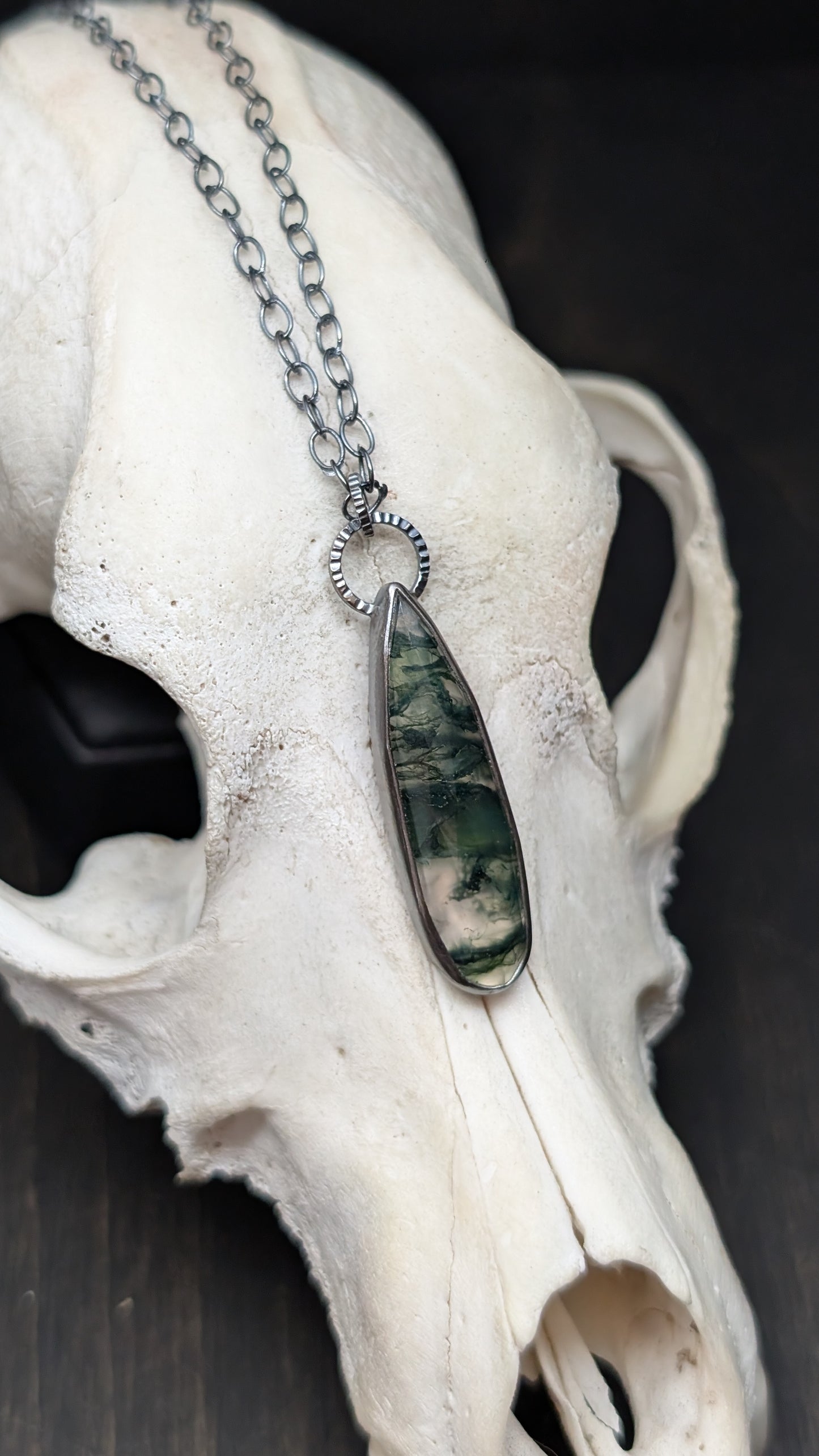 Moss Agate Long Teardrop Textured Sterling Silver Necklace