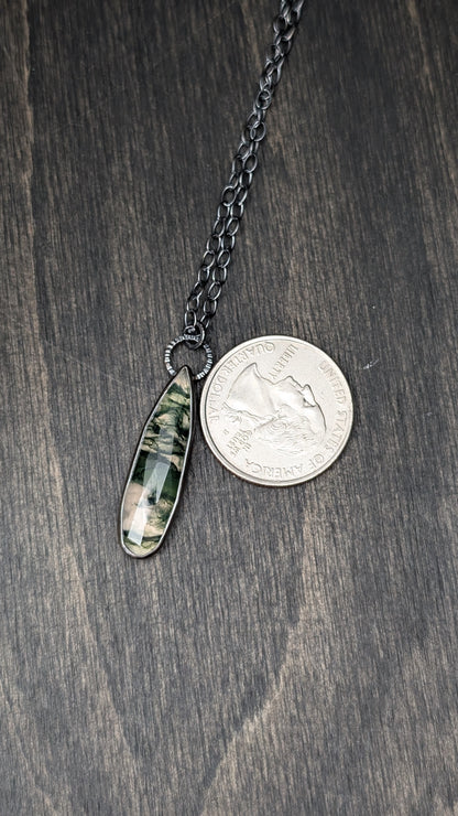 Moss Agate Long Teardrop Textured Sterling Silver Necklace
