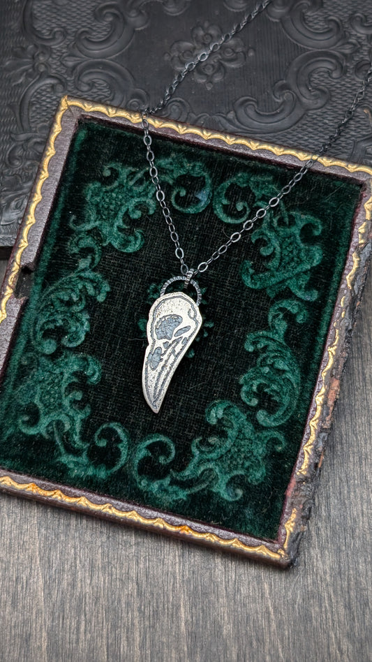 Raven Skull Sterling Silver Etched Necklace