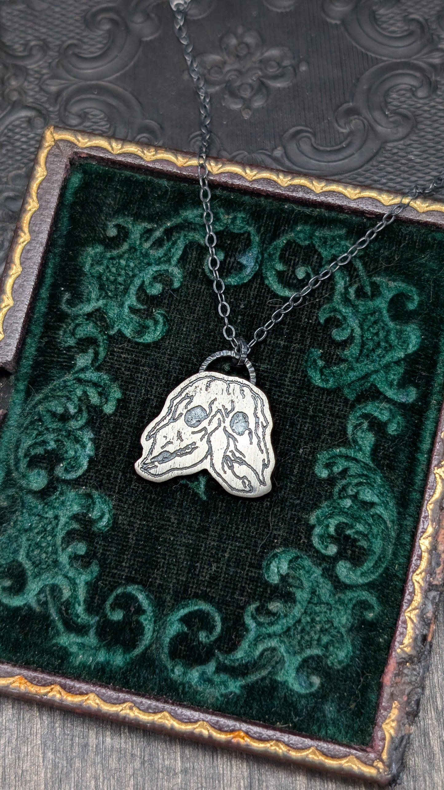 Conjoined Cow Skull Sterling Silver Etched Necklace