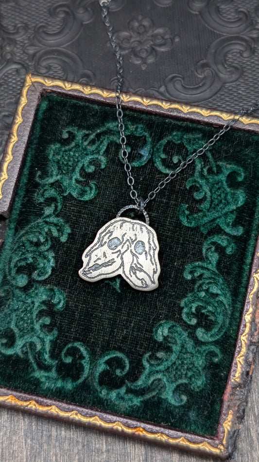 Conjoined Cow Skull Sterling Silver Etched Necklace