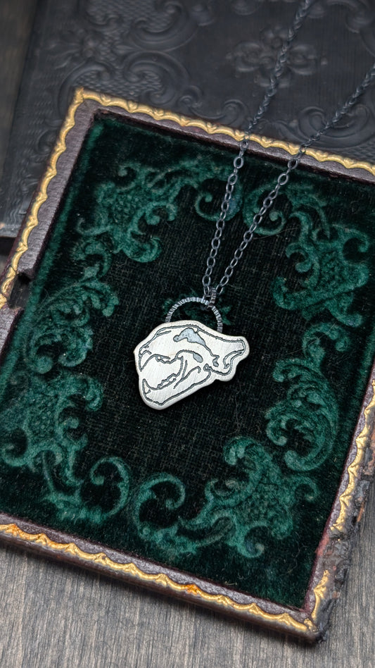 Tiger Skull Sterling Silver Etched Necklace