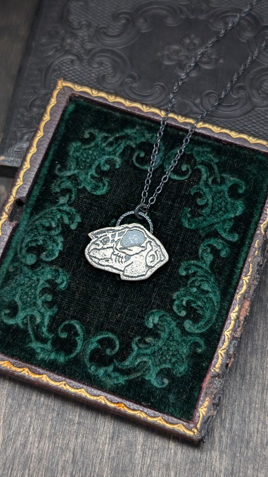 Jack Rabbit Skull Sterling Silver Etched Necklace
