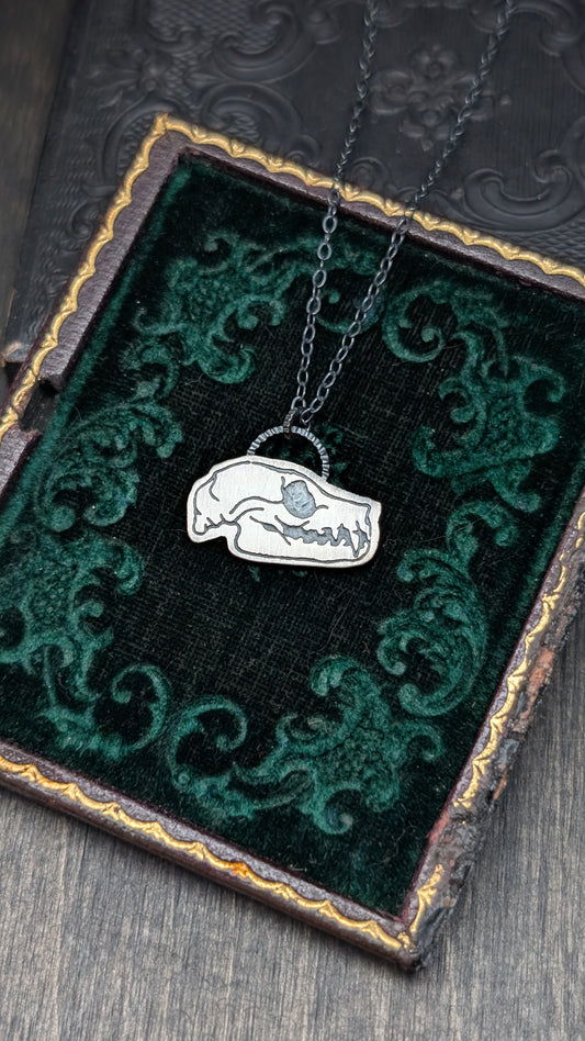 Fruit Bat Skull Sterling Silver Etched Necklace