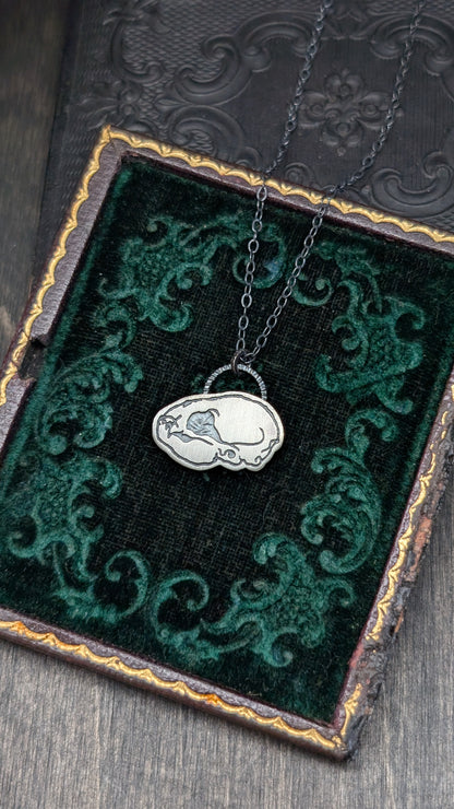 Vampire Bat Skull Sterling Silver Etched Necklace