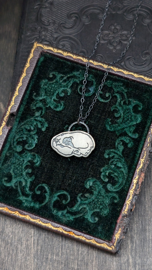 Vampire Bat Skull Sterling Silver Etched Necklace