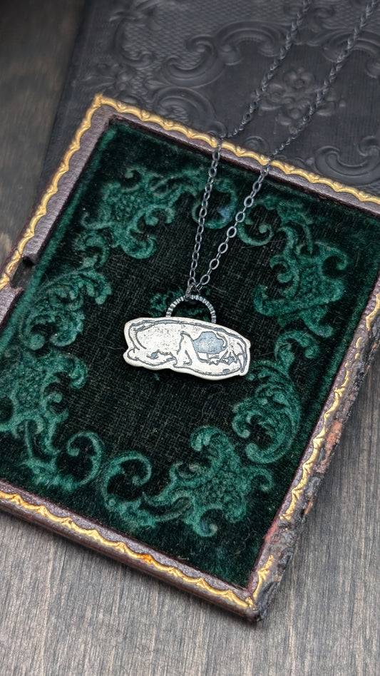 Mink Skull Sterling Silver Etched Necklace
