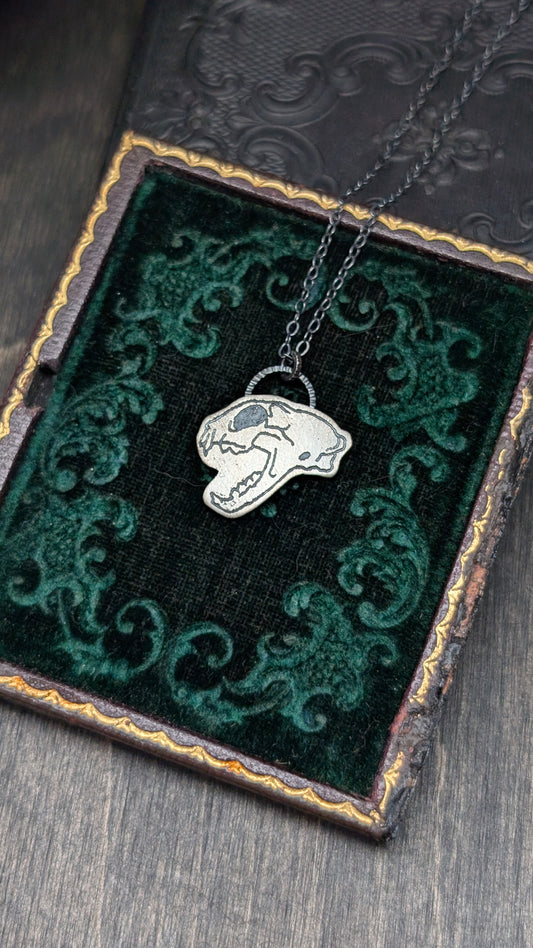 Hissing Cat Skull Sterling Silver Etched Necklace