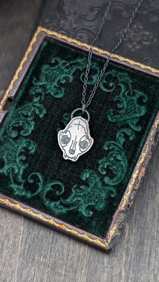 Cat Skull Sterling Silver Etched Necklace