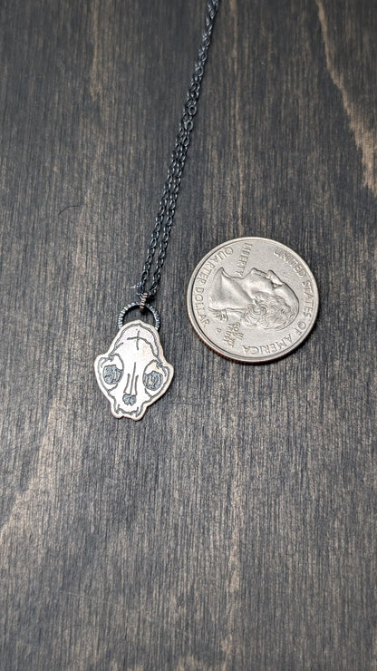 Cat Skull Sterling Silver Etched Necklace
