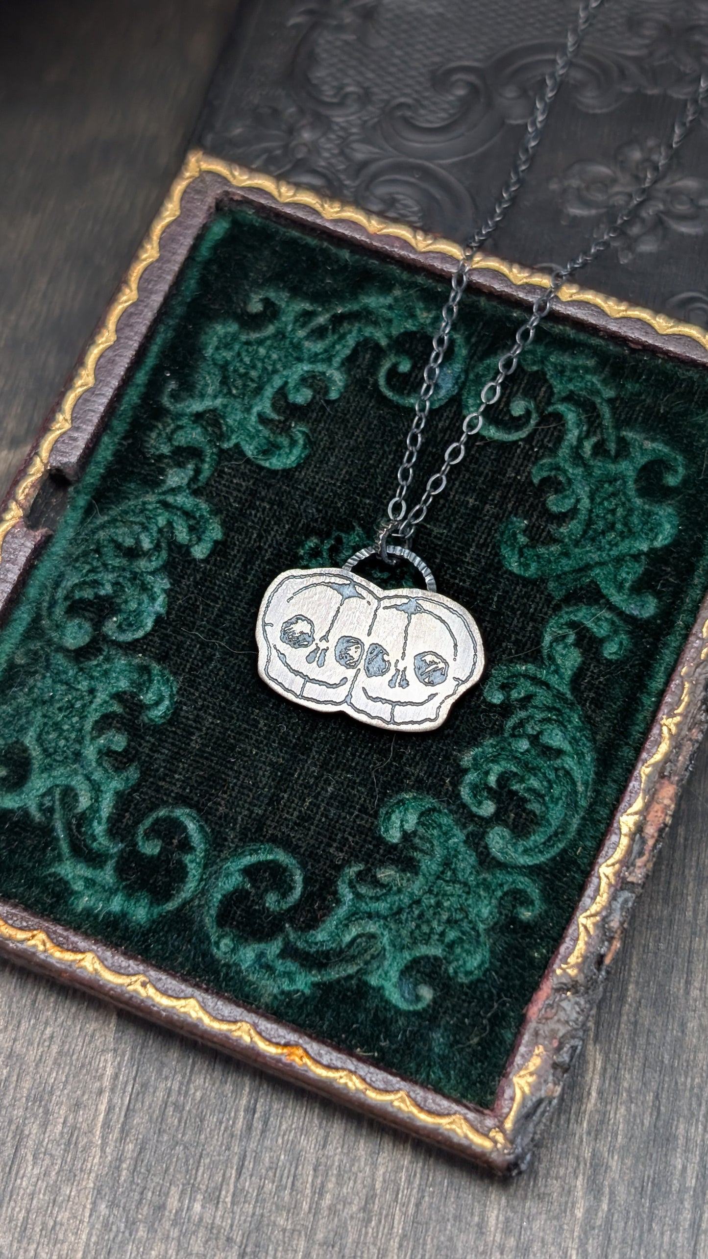 Conjoined Twins Skull Sterling Silver Etched Necklace