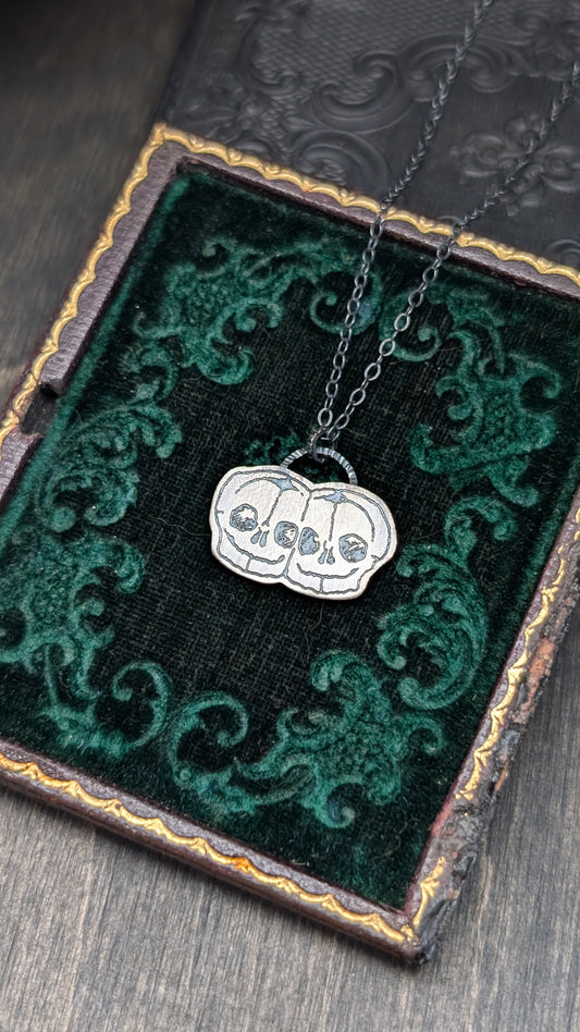 Conjoined Twins Skull Sterling Silver Etched Necklace