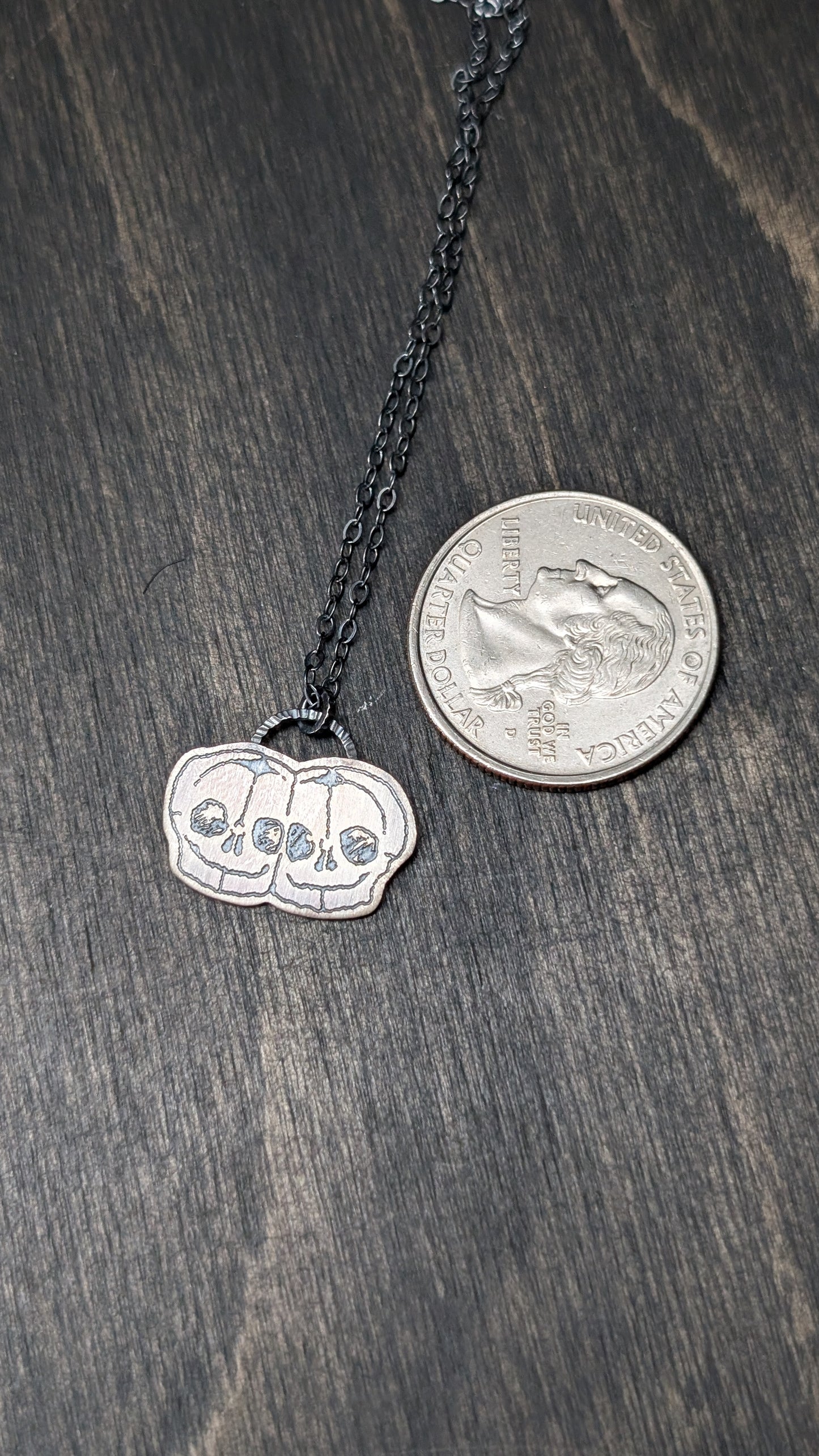 Conjoined Twins Skull Sterling Silver Etched Necklace