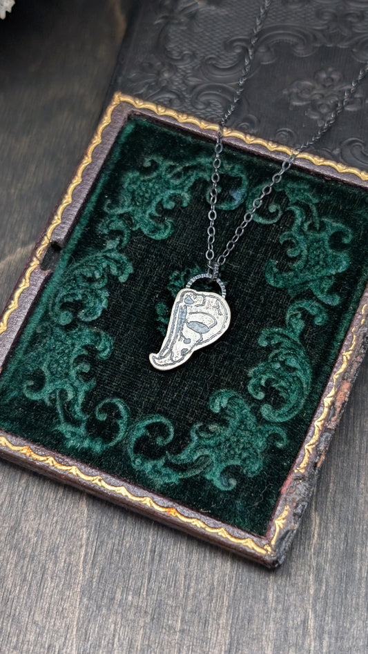 Owl Skull Sterling Silver Etched Necklace