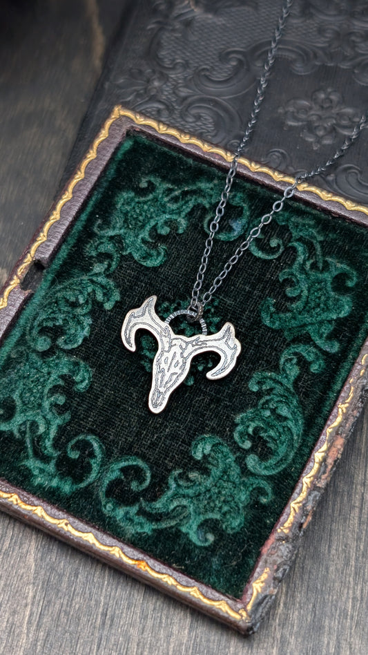 Deer Skull Sterling Silver Etched Necklace