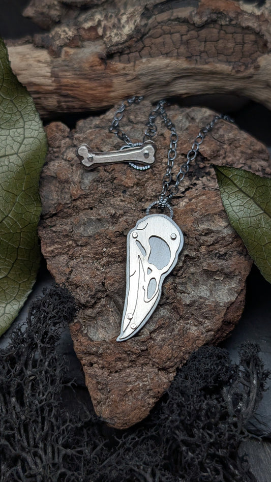 Raven Sterling Silver Riveted Skull Necklace