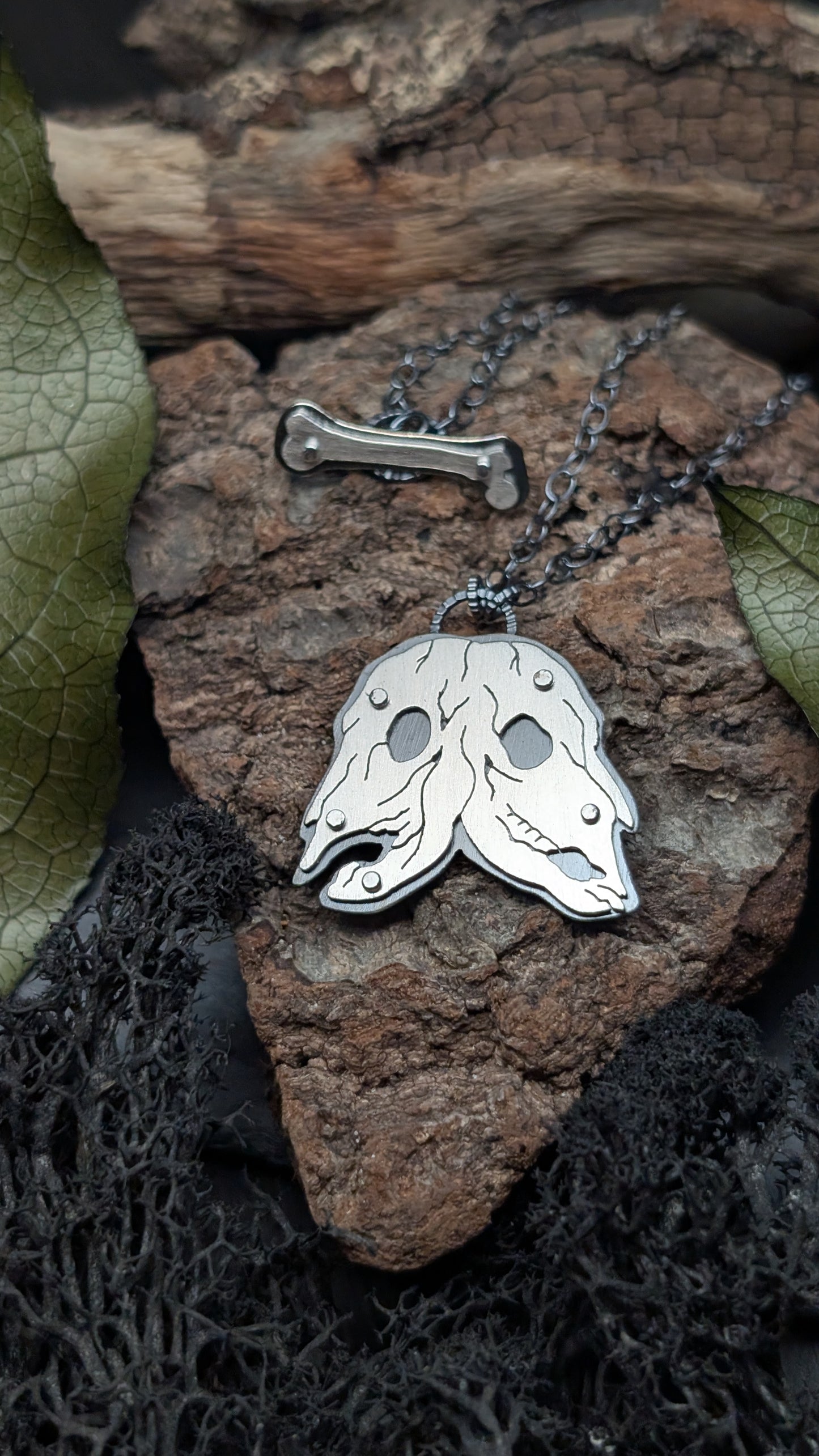 Conjoined Cows Sterling Silver Riveted Skull Necklace