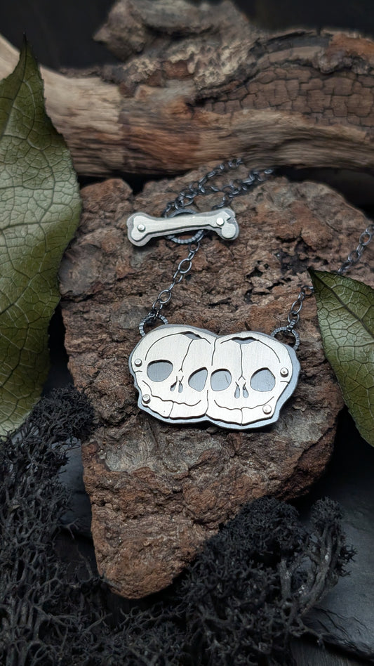 Conjoined Twins Sterling Silver Riveted Skull Necklace