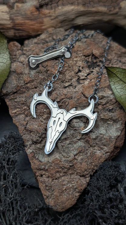 Deer Sterling Silver Riveted Skull Necklace