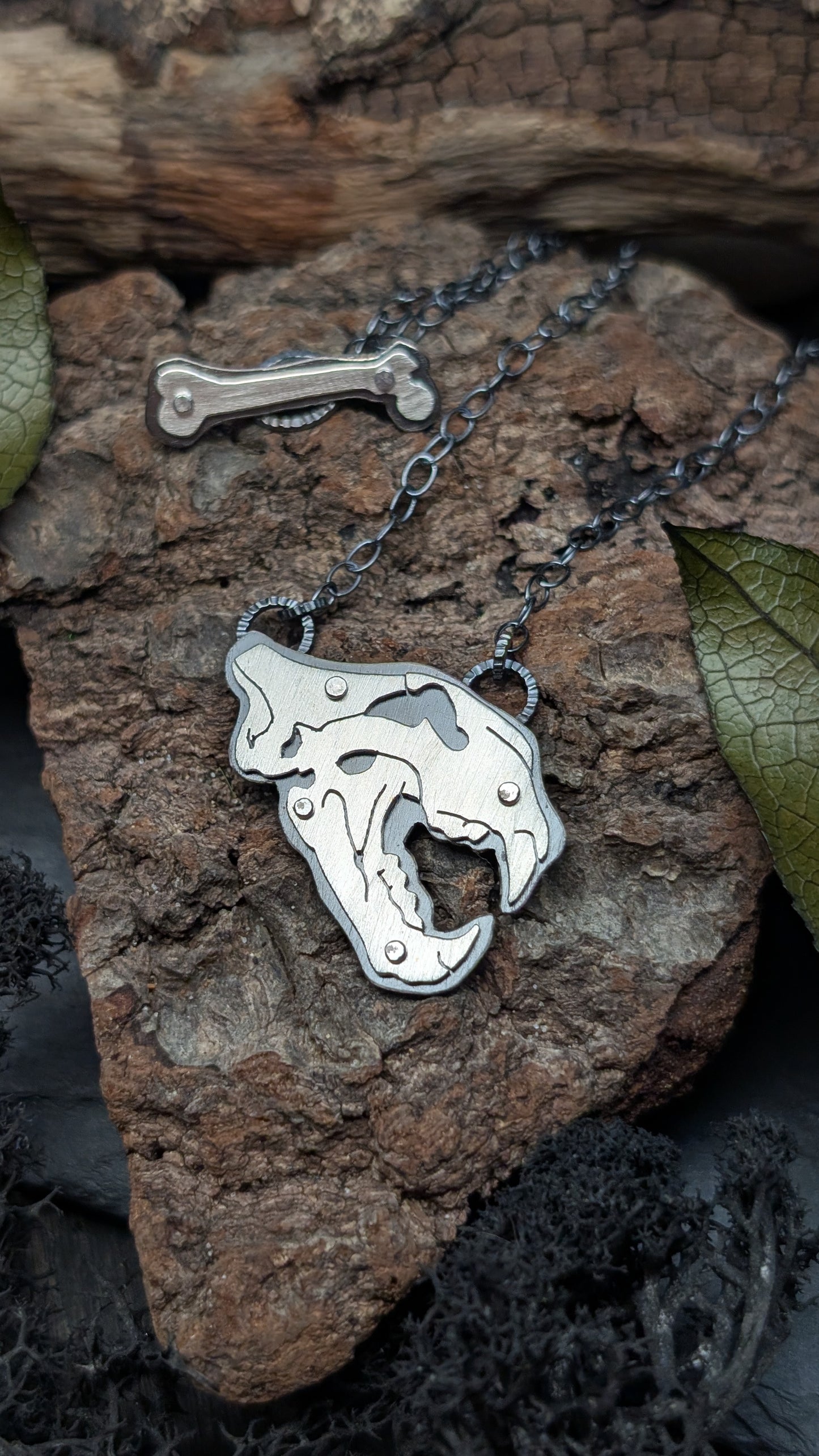 Tiger Sterling Silver Riveted Skull Necklace