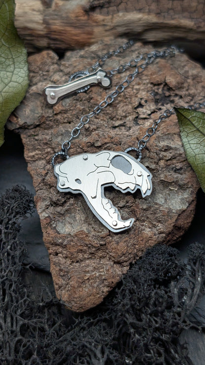Hissing Cat Sterling Silver Riveted Skull Necklace