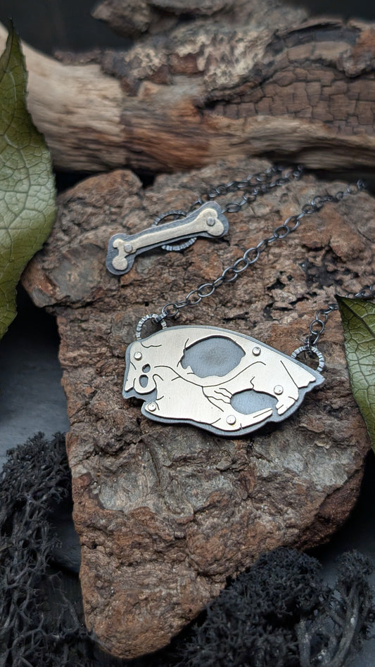 Squirrel Sterling Silver Riveted Skull Necklace