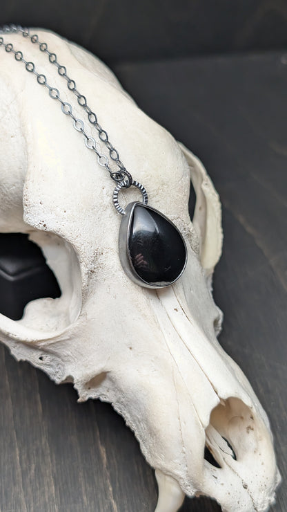 Large Black Onyx Teardrop Textured Sterling Silver Necklace