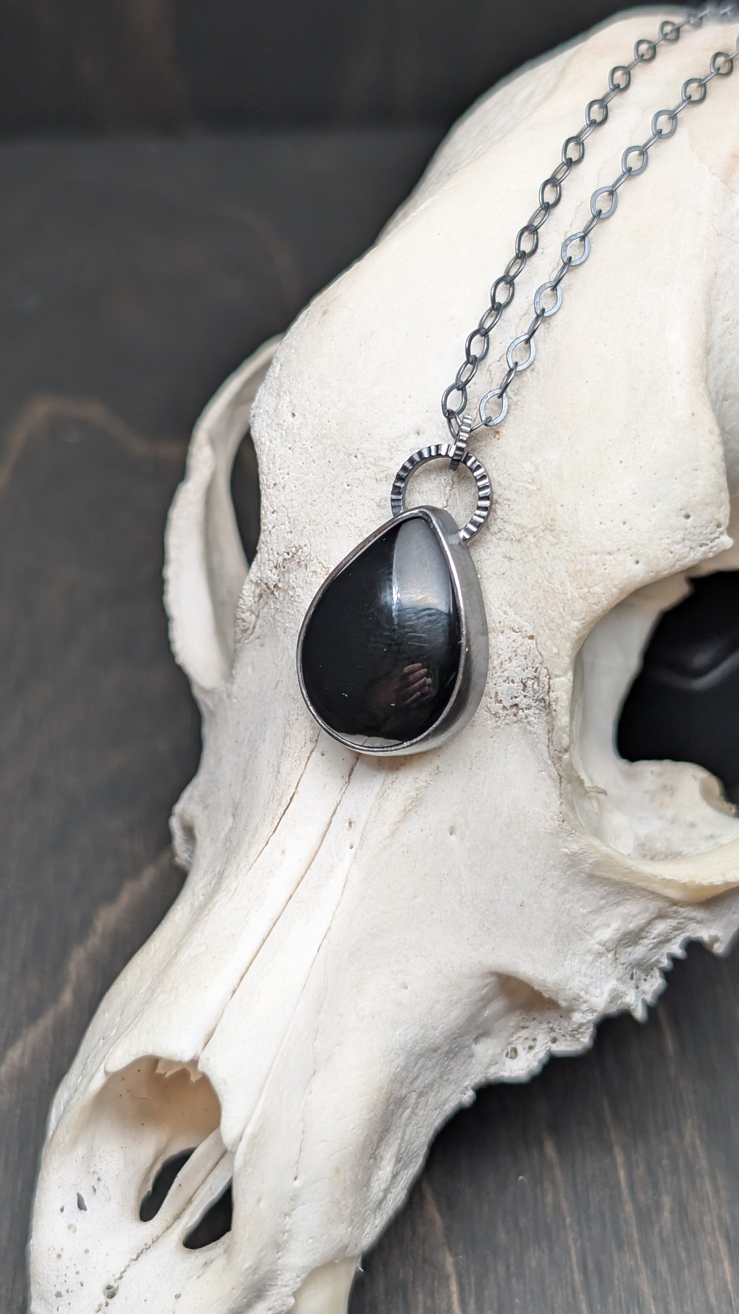 Large Black Onyx Teardrop Textured Sterling Silver Necklace