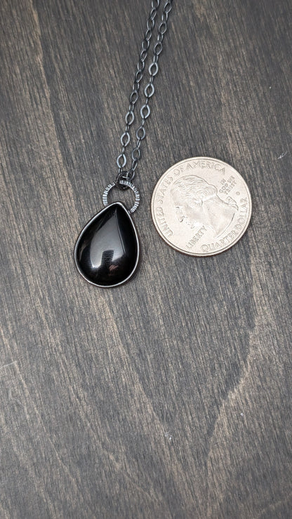 Large Black Onyx Teardrop Textured Sterling Silver Necklace