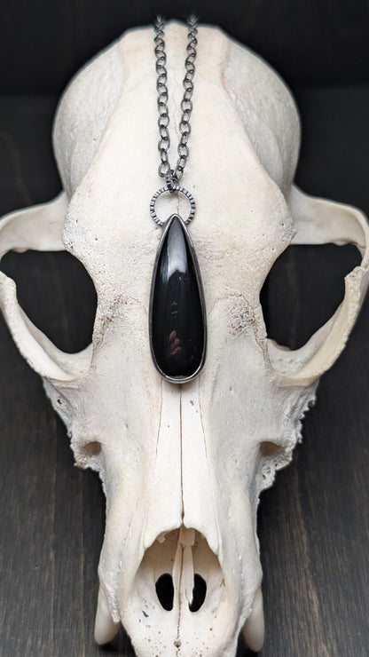 Large Long Black Onyx Teardrop Textured Sterling Silver Necklace