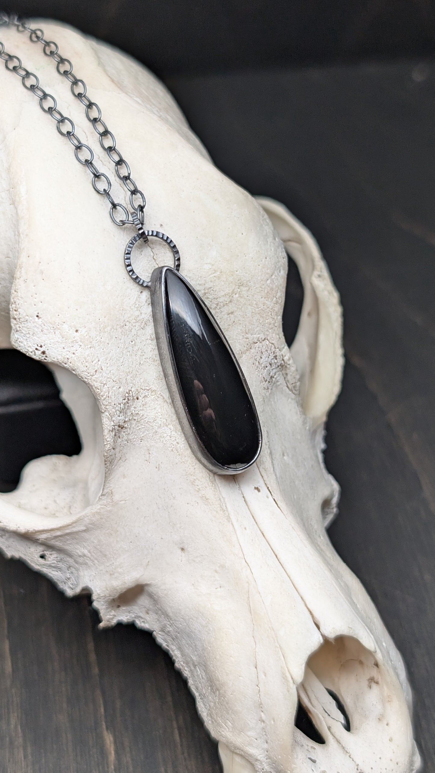 Large Long Black Onyx Teardrop Textured Sterling Silver Necklace