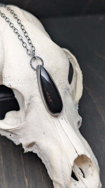 Large Long Black Onyx Teardrop Textured Sterling Silver Necklace
