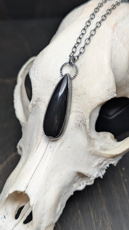 Large Long Black Onyx Teardrop Textured Sterling Silver Necklace