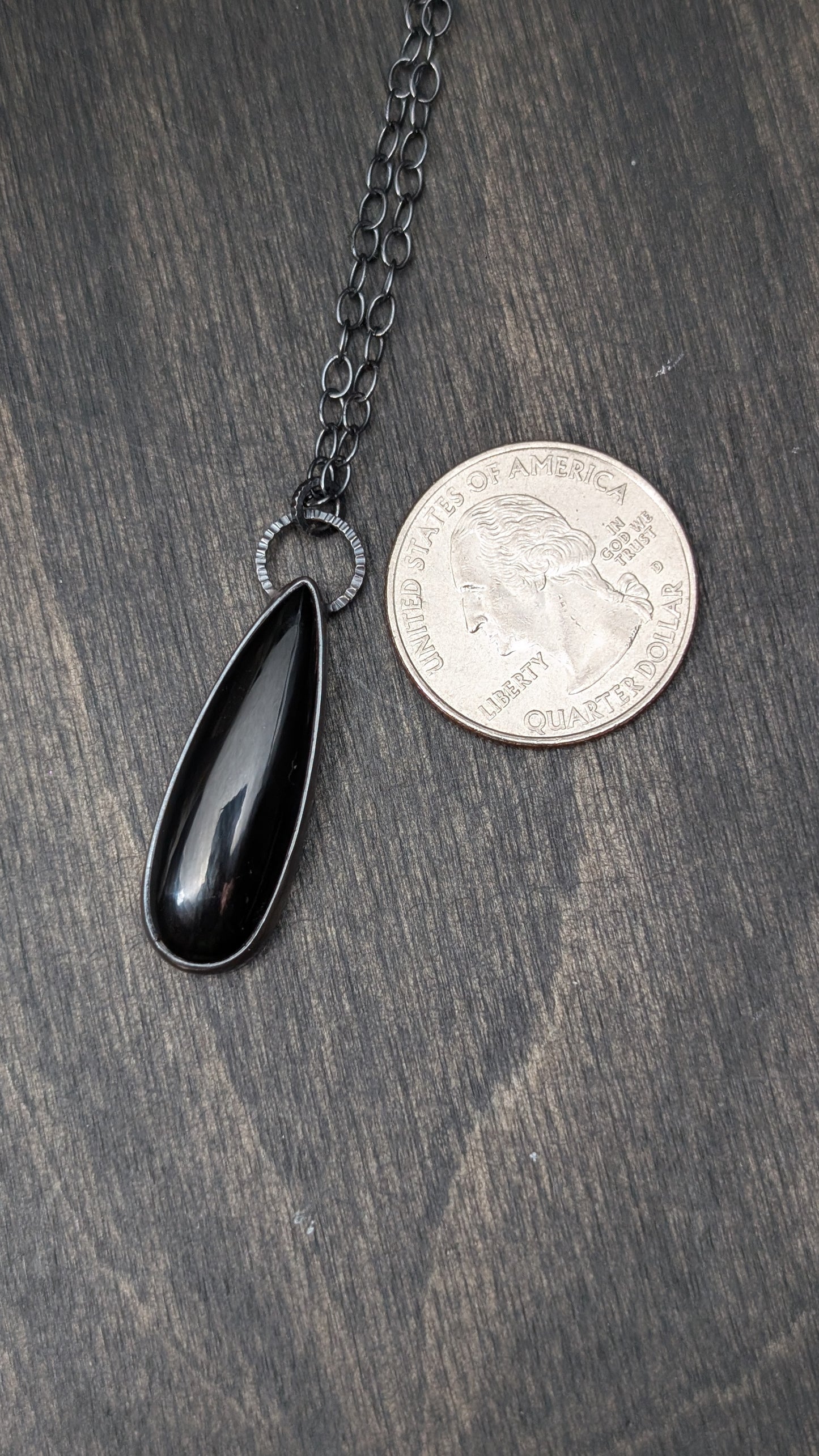 Large Long Black Onyx Teardrop Textured Sterling Silver Necklace