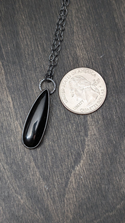 Large Long Black Onyx Teardrop Textured Sterling Silver Necklace