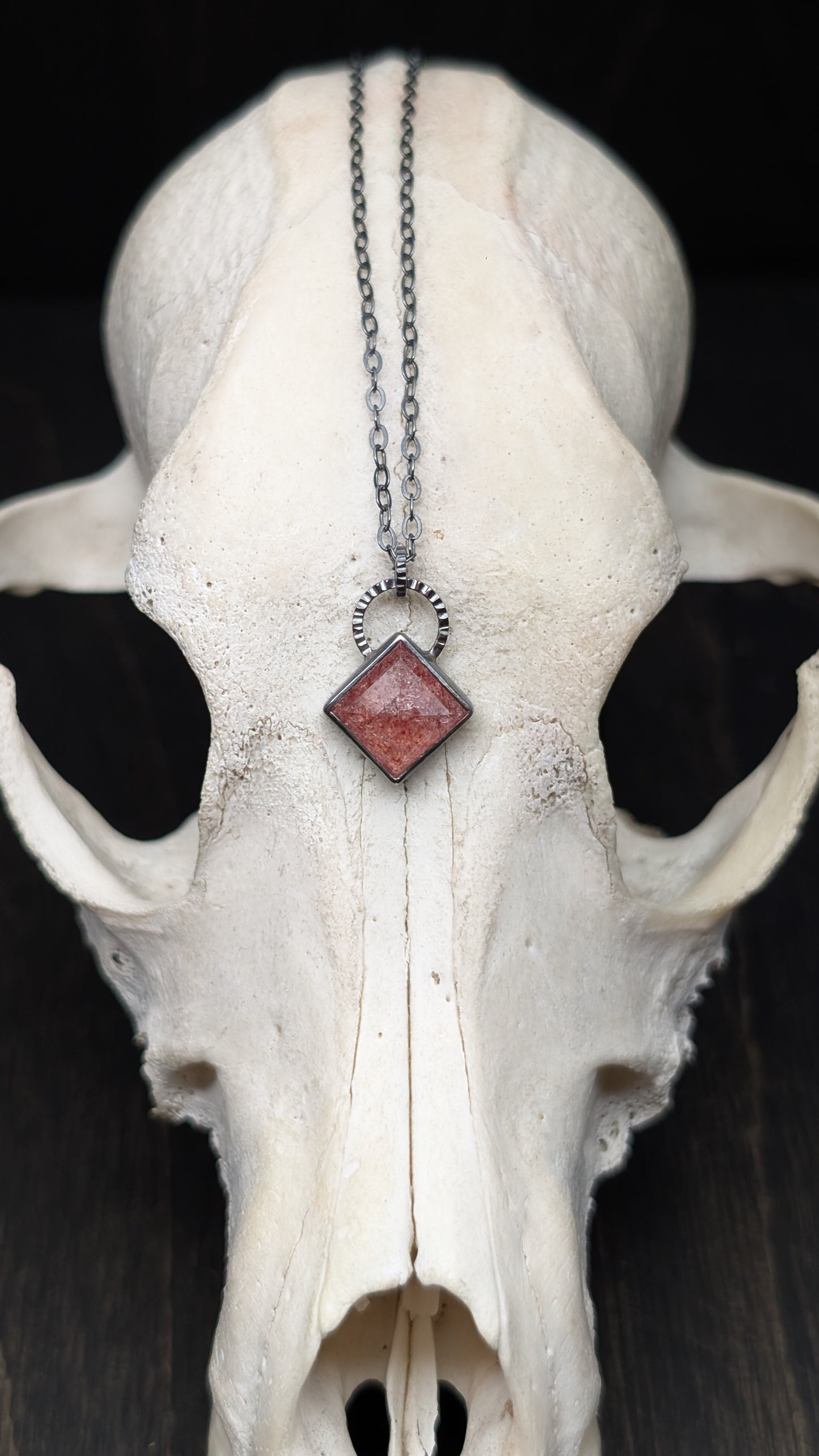 Strawberry Quartz Square Textured Sterling Silver Necklace