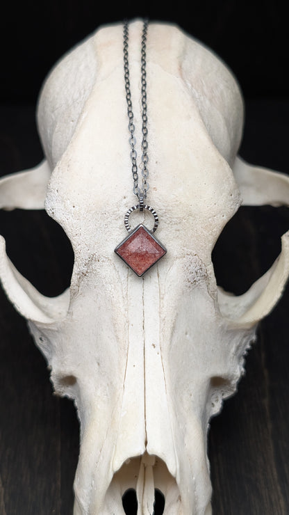 Strawberry Quartz Square Textured Sterling Silver Necklace