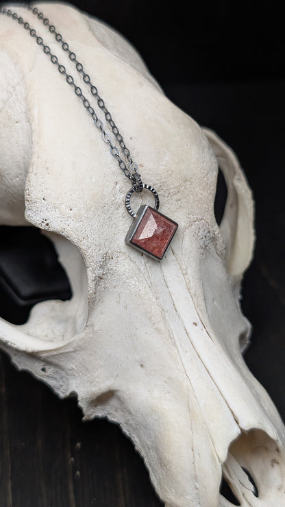 Strawberry Quartz Square Textured Sterling Silver Necklace
