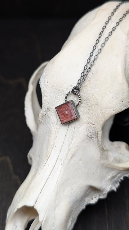Strawberry Quartz Square Textured Sterling Silver Necklace