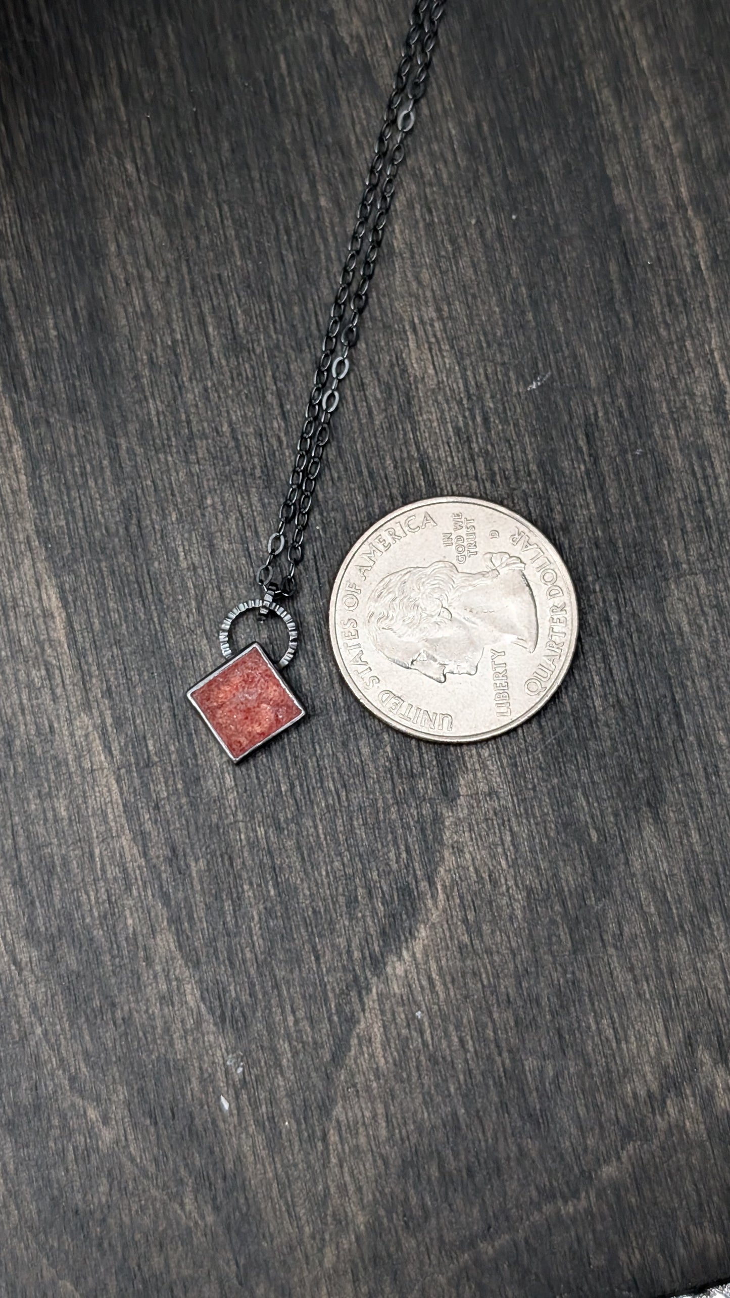 Strawberry Quartz Square Textured Sterling Silver Necklace