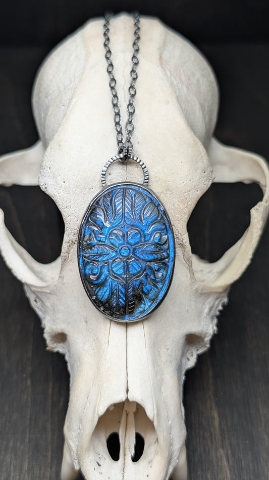 Carved Labradorite Oval Textured Sterling Silver Necklace