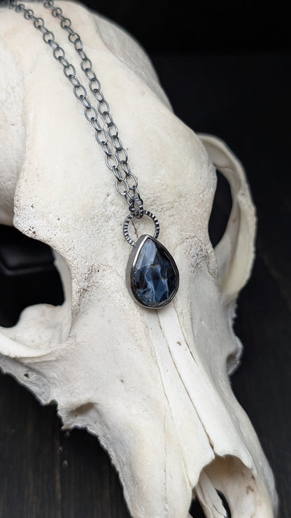 Teardrop Pietersite Textured Sterling Silver Necklace