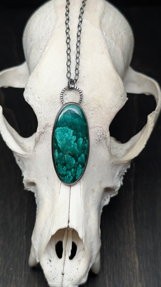 Dense Forest Oval Malachite Textured Sterling Silver Necklace