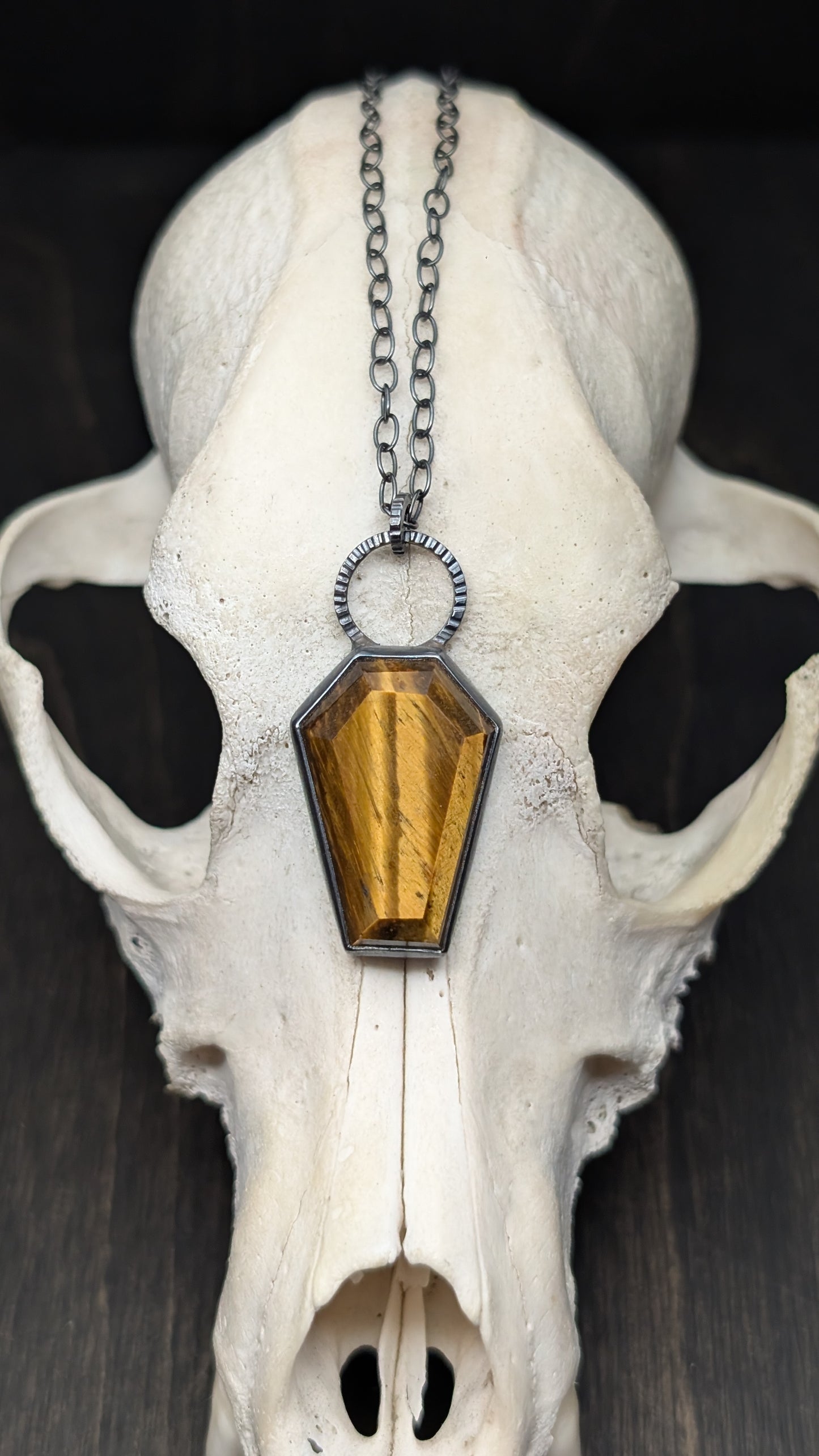 XL Tiger's Eye Coffin Textured Sterling Silver Necklace