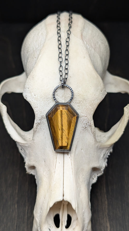 XL Tiger's Eye Coffin Textured Sterling Silver Necklace