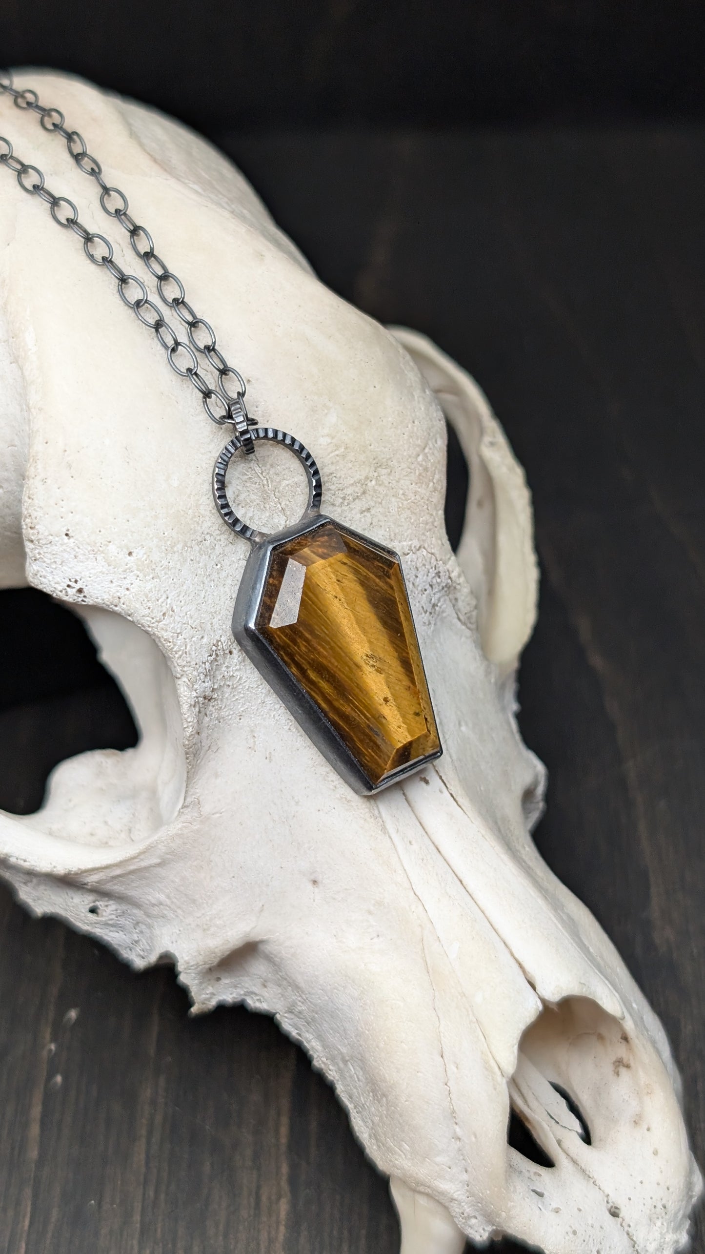 XL Tiger's Eye Coffin Textured Sterling Silver Necklace