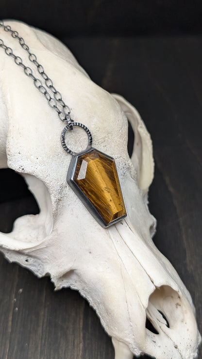 XL Tiger's Eye Coffin Textured Sterling Silver Necklace